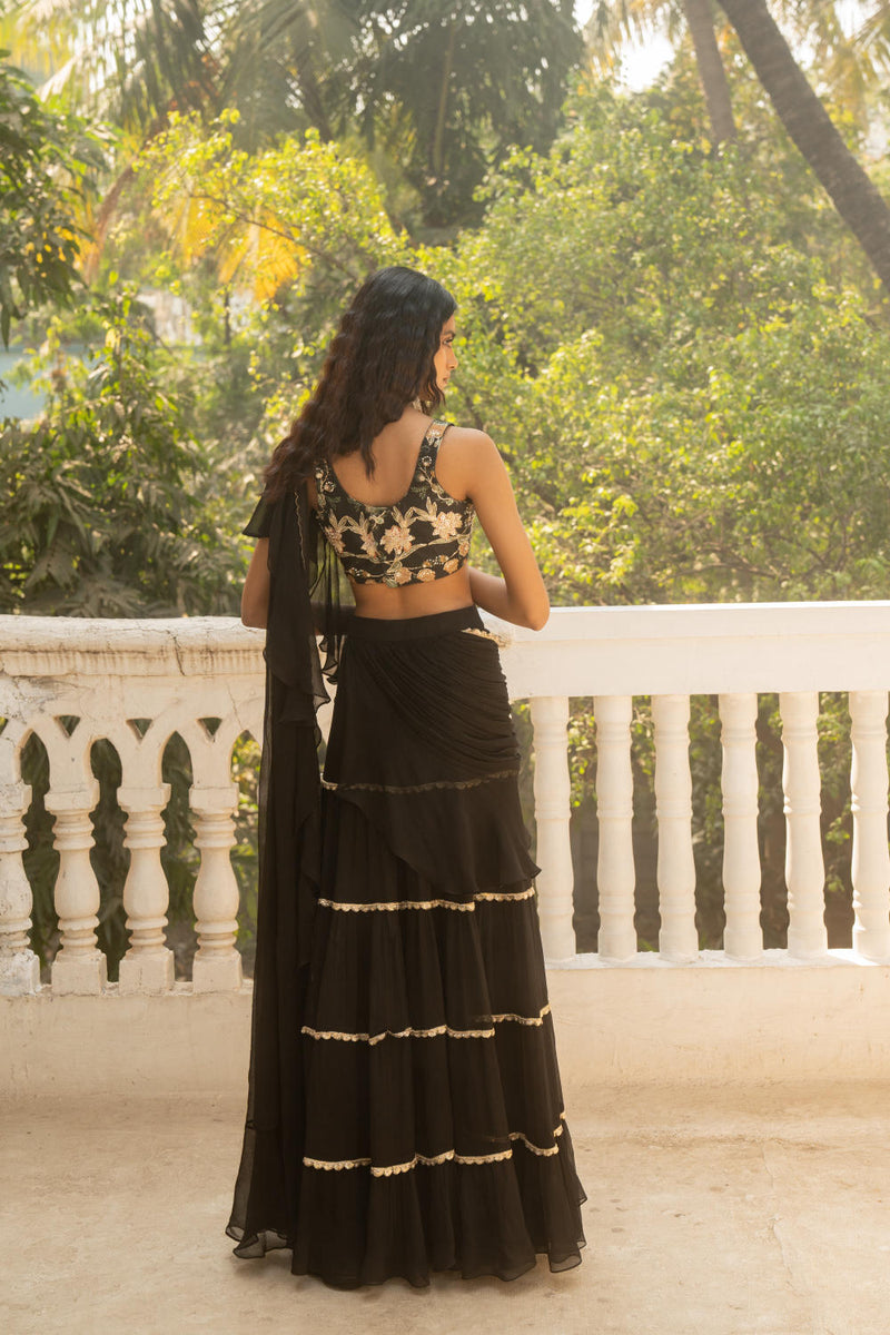 PH-3091 Saree Blouse Set-Black silk by Paulmi & Harsh in black color for women Worldwide