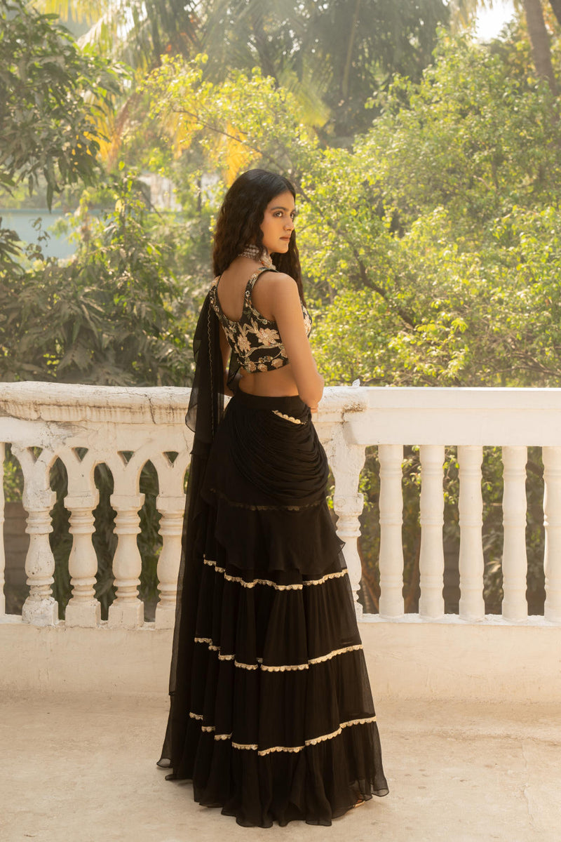 PH-3091 Saree Blouse Set-Black silk by Paulmi & Harsh in black color for women Worldwide