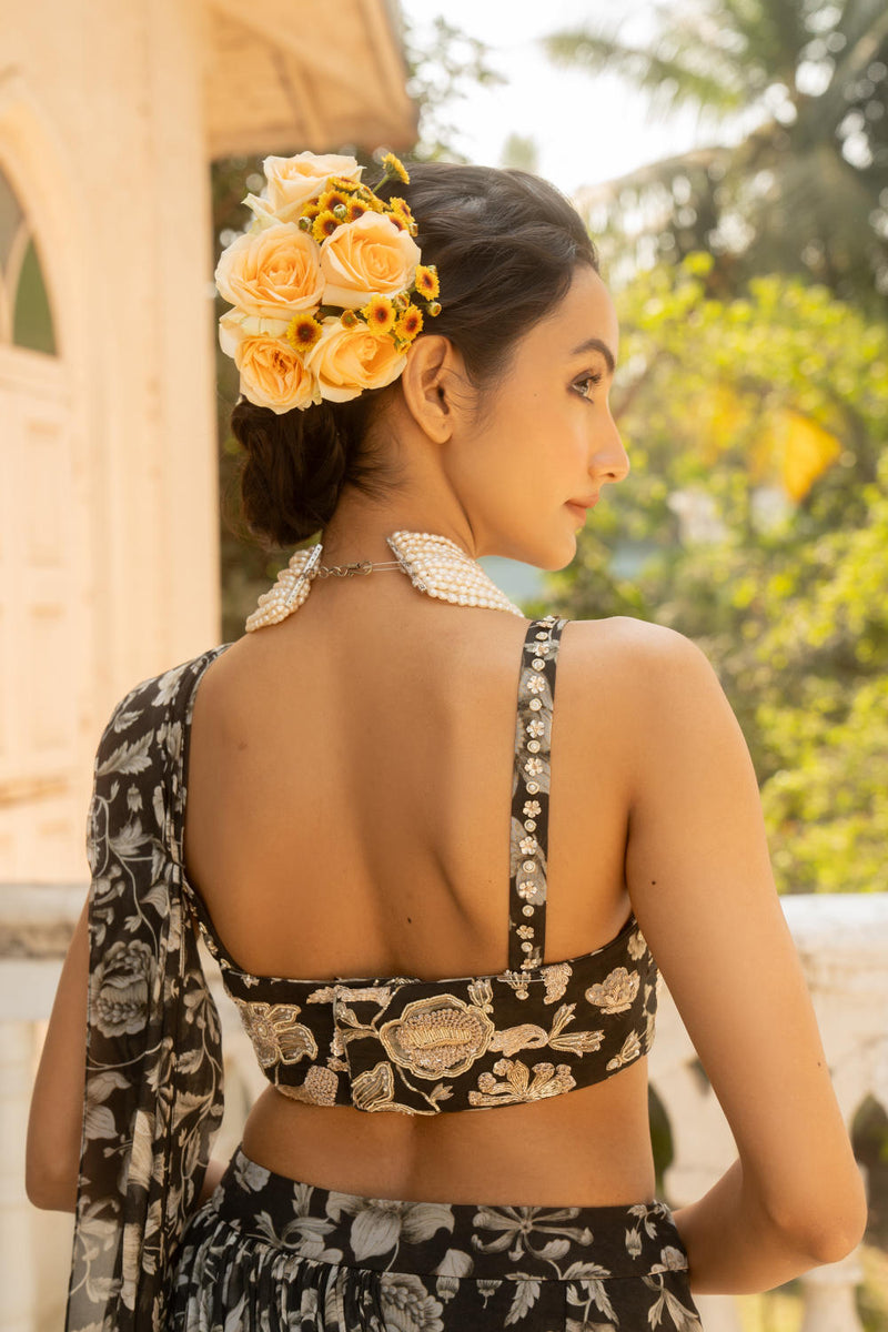 PH-3092 Saree Blouse Set-Black organza by Paulmi & Harsh in black color for women Worldwide