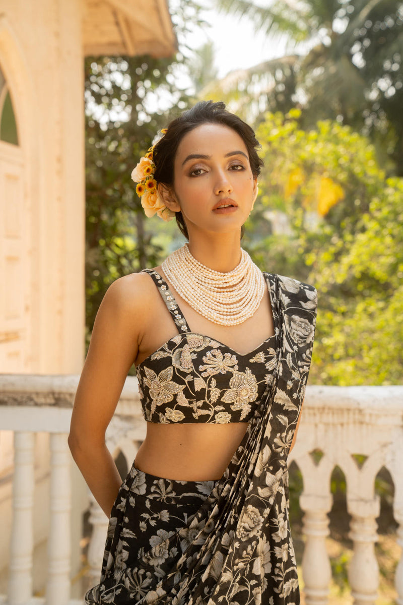 PH-3092 Saree Blouse Set-Black organza by Paulmi & Harsh in black color for women Worldwide