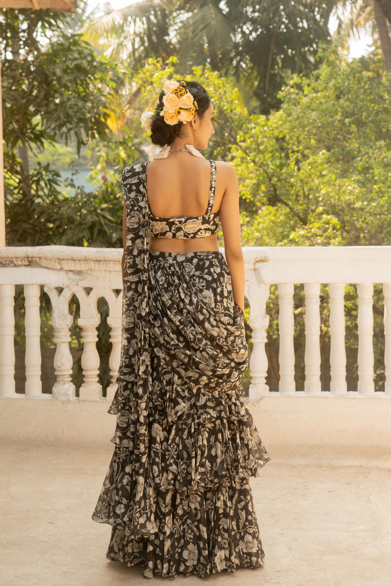PH-3092 Saree Blouse Set-Black organza by Paulmi & Harsh in black color for women Worldwide