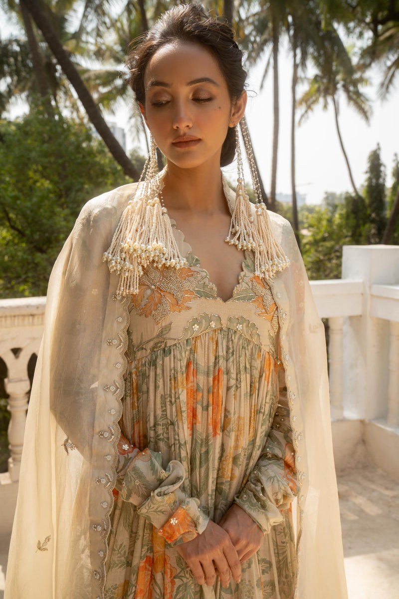 PH-3094 Anarkali Set-Ivory chanderi by Paulmi & Harsh in ivory color for women Worldwide