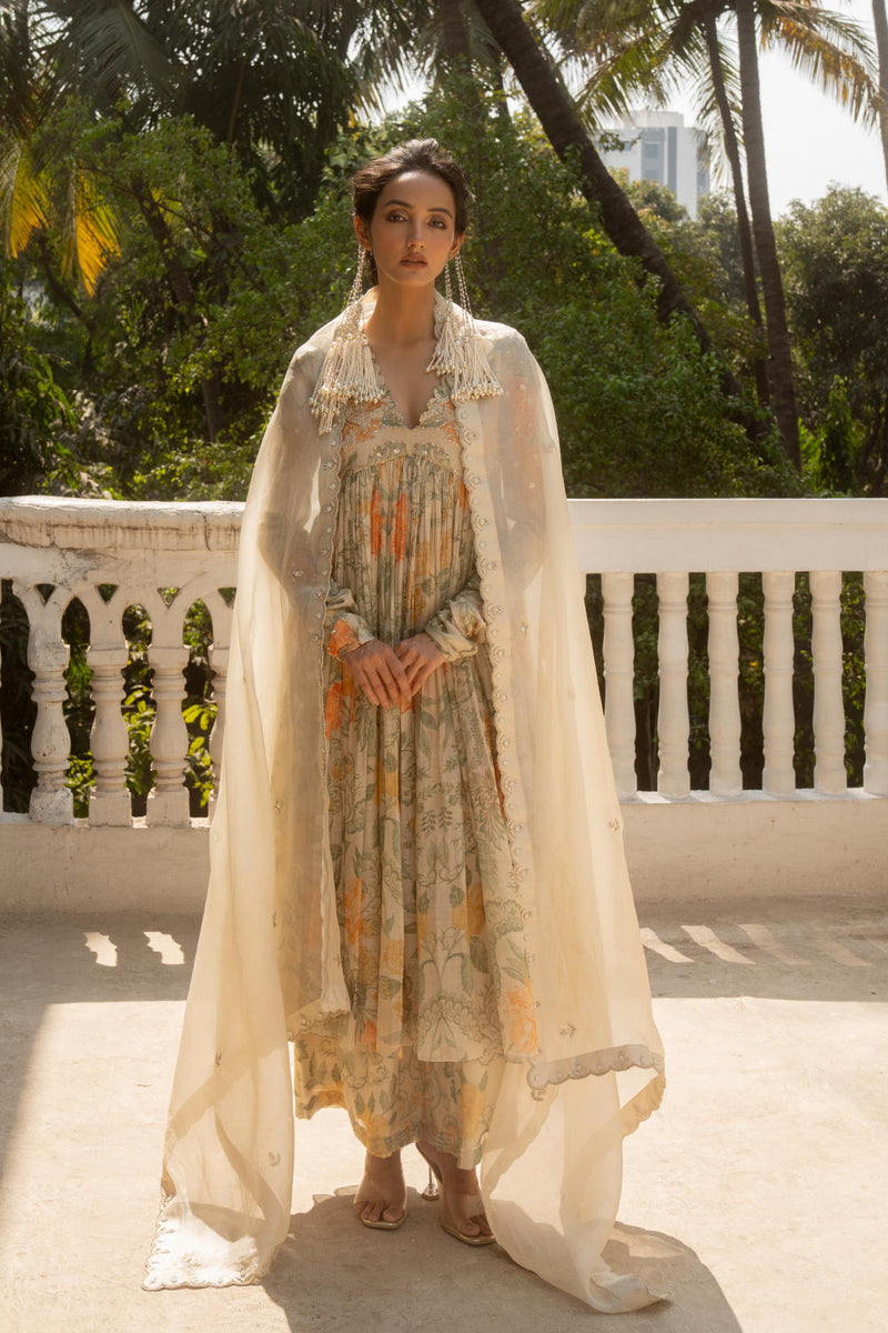 PH-3094 Anarkali Set-Ivory chanderi by Paulmi & Harsh in ivory color for women Worldwide