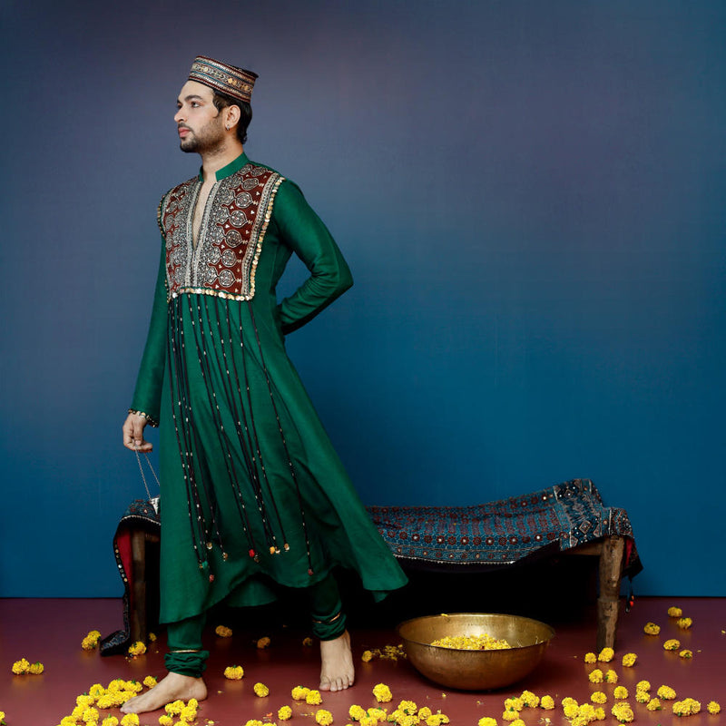 Kari Kurta with Churidar silk by PRAHNAAYA in green color for women Worldwide