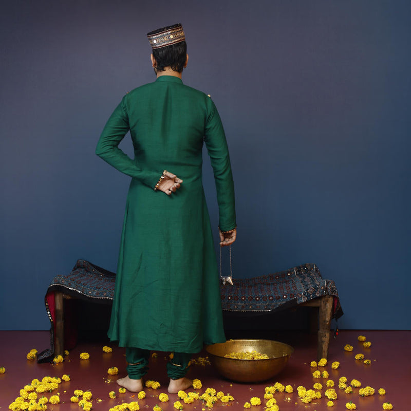 Kari Kurta with Churidar silk by PRAHNAAYA in green color for women Worldwide