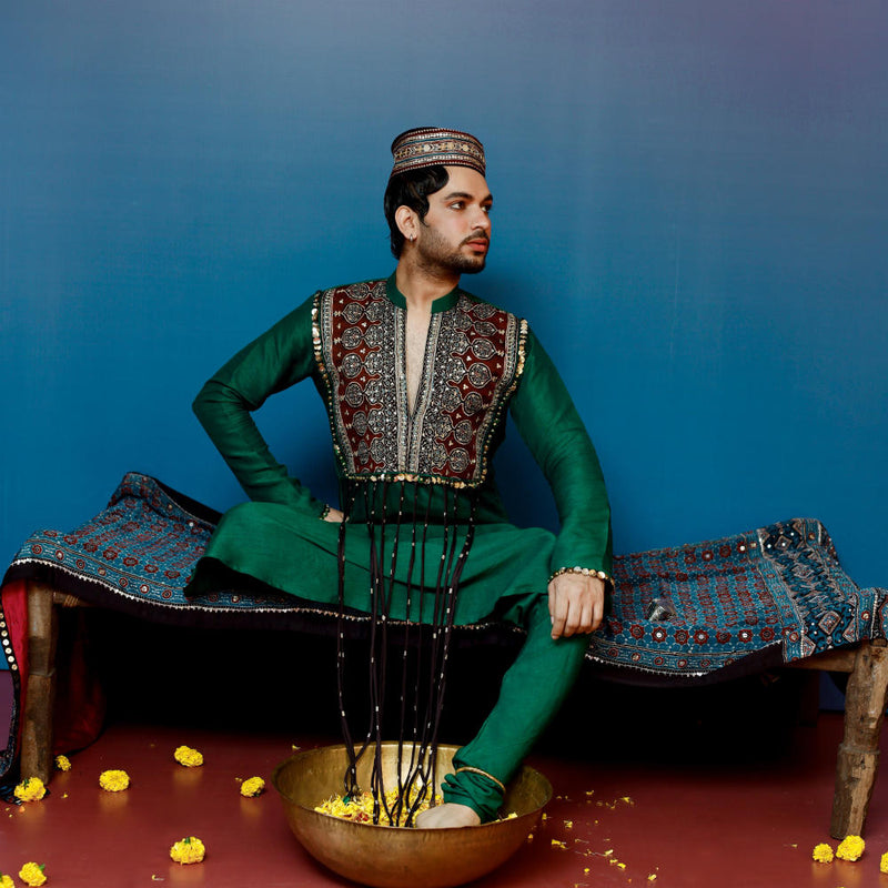 Kari Kurta with Churidar silk by PRAHNAAYA in green color for women Worldwide