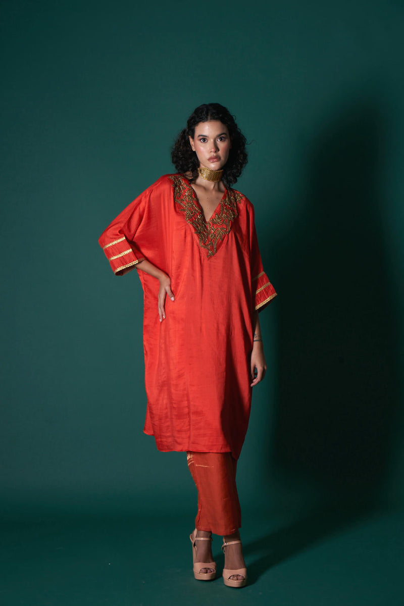 Hana silk and tissue kurta set silk by Priti Prashant in red color for women Worldwide