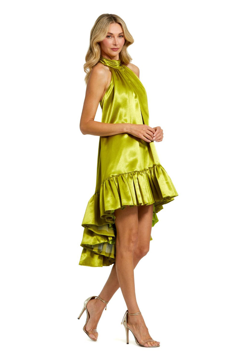 20711-Green High Neck Satin Mini Dress With Keyhole satin by Mac Duggal in green color for women Worldwide