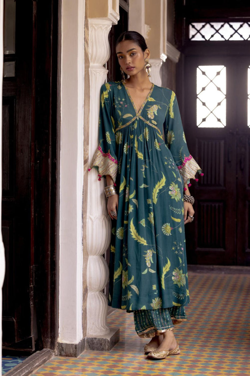 Fariba Teal Bell Sleeve Printed Kurta Set Kurta Sets by Rajiramniq for women Worldwide