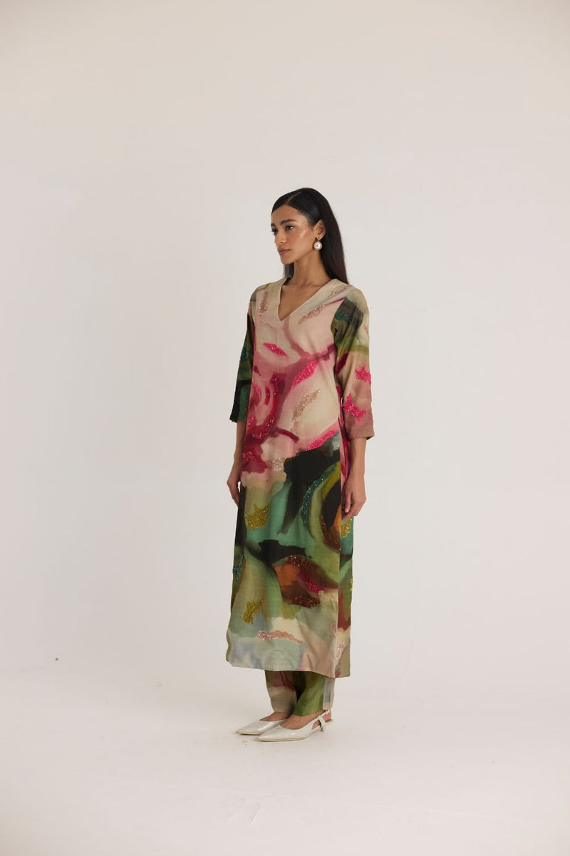 TILLY EMROIDERED LONG V NECK KURTA SET mul by Yam in multi color for women Worldwide