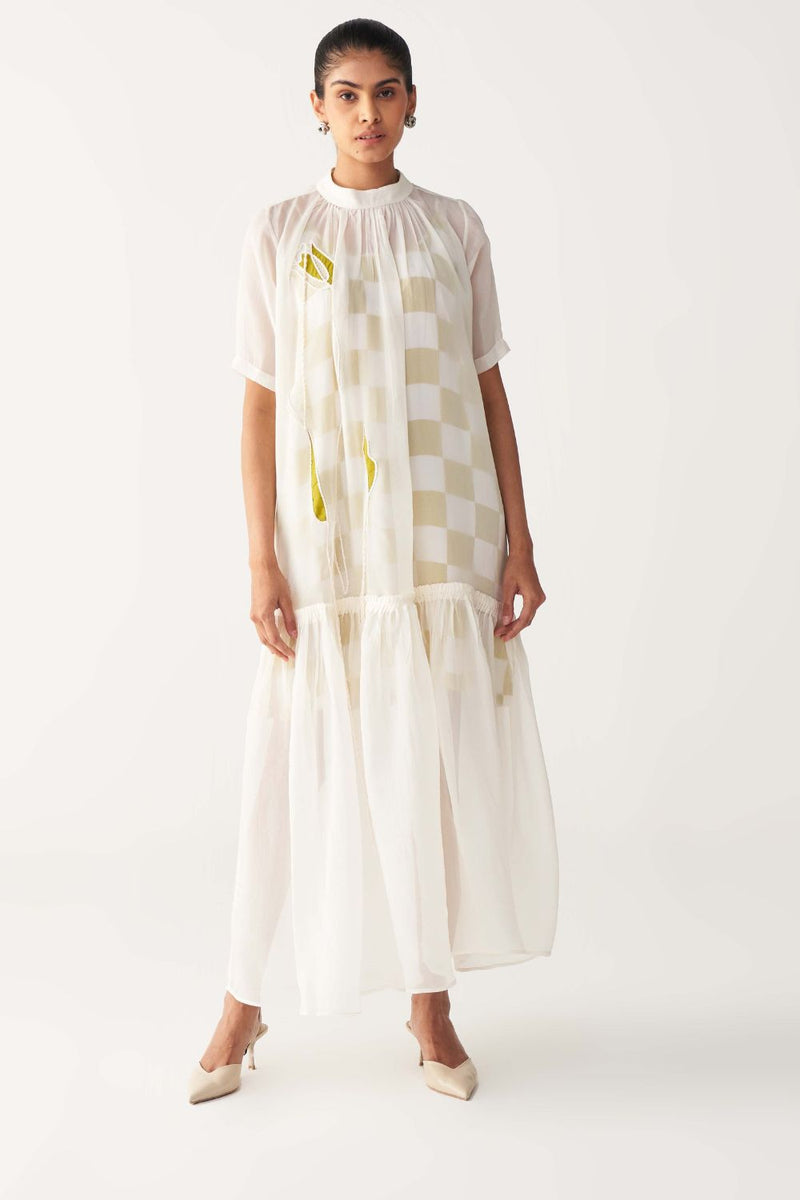 SHEER BOTTOM FRILL DRESS +
IVORY CHANDERI SLIP-IVORY organza by THREE in white color for women Worldwide