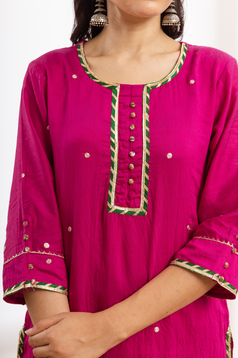 Rasika Gulabi Kurta Set - pink hand block printed chanderi kurta set chanderi by Maison Shefali in pink color for women Worldwide