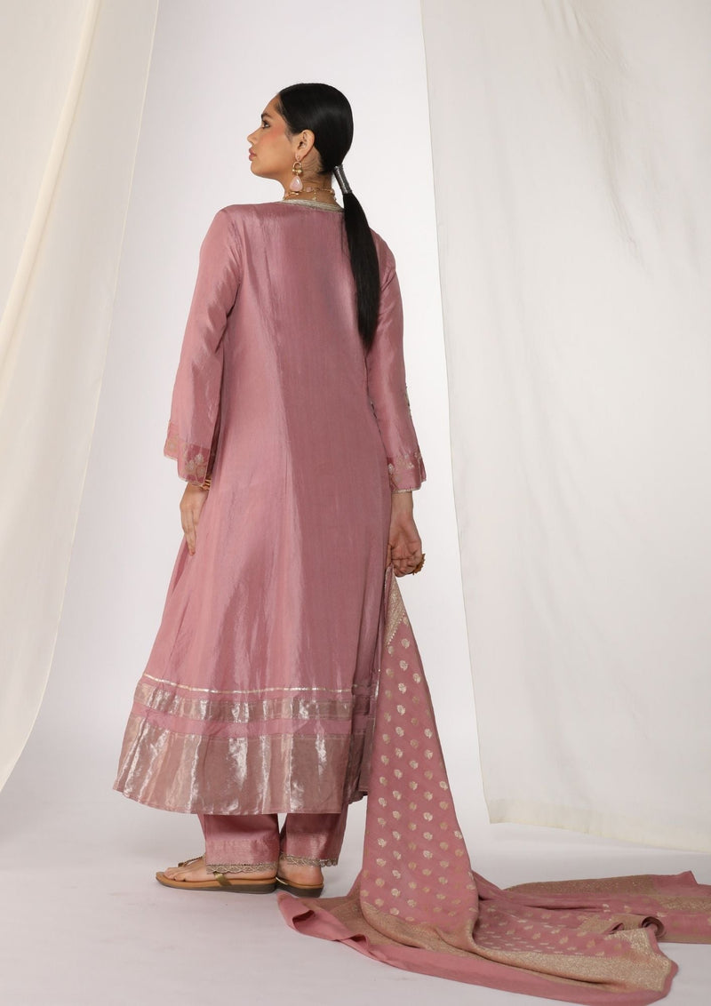 Silk pintucked kurta with handwork embroidery chanderi by Myoho in pink color for women Worldwide