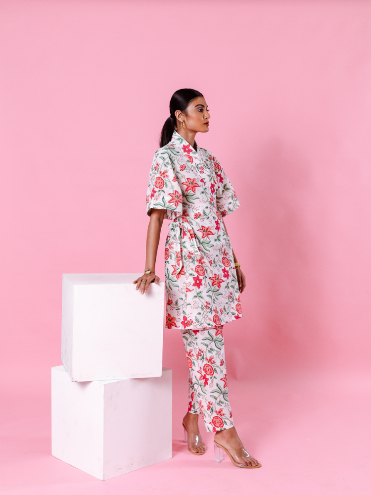Pink Dahlia Kimono Co-Ord Co-ord Set by Marche in white color for women Worldwide