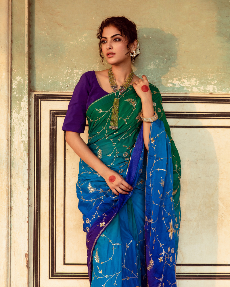 Embroidered Shaded Chiffon Sari chiffon by Maison Shefali in multi color for women Worldwide