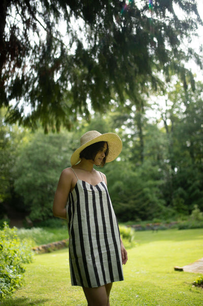 California Slip Dress -Printed-Black Stripes