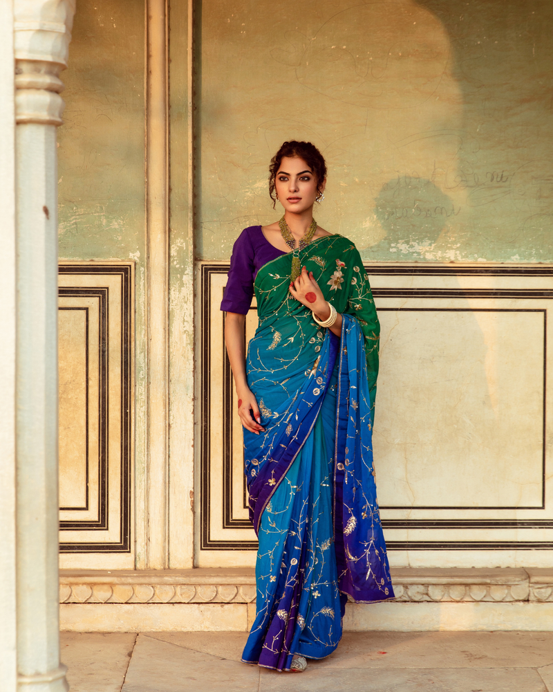 Embroidered Shaded Chiffon Sari chiffon by Maison Shefali in multi color for women Worldwide