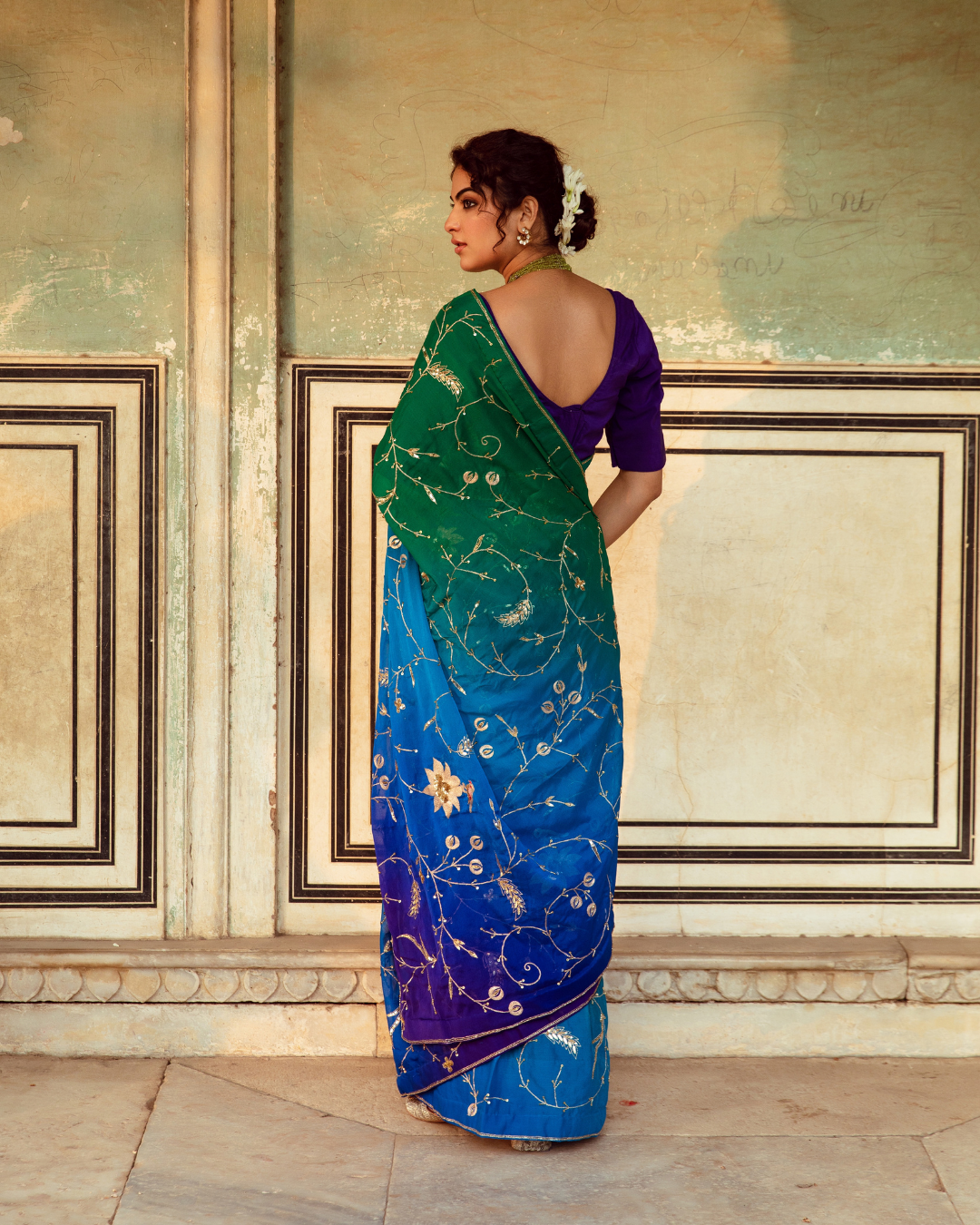 Embroidered Shaded Chiffon Sari