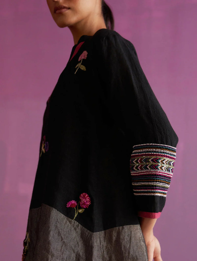 Cyra Floral Hand-Embroidered Kurta - Black linen by Manan in black color for women Worldwide