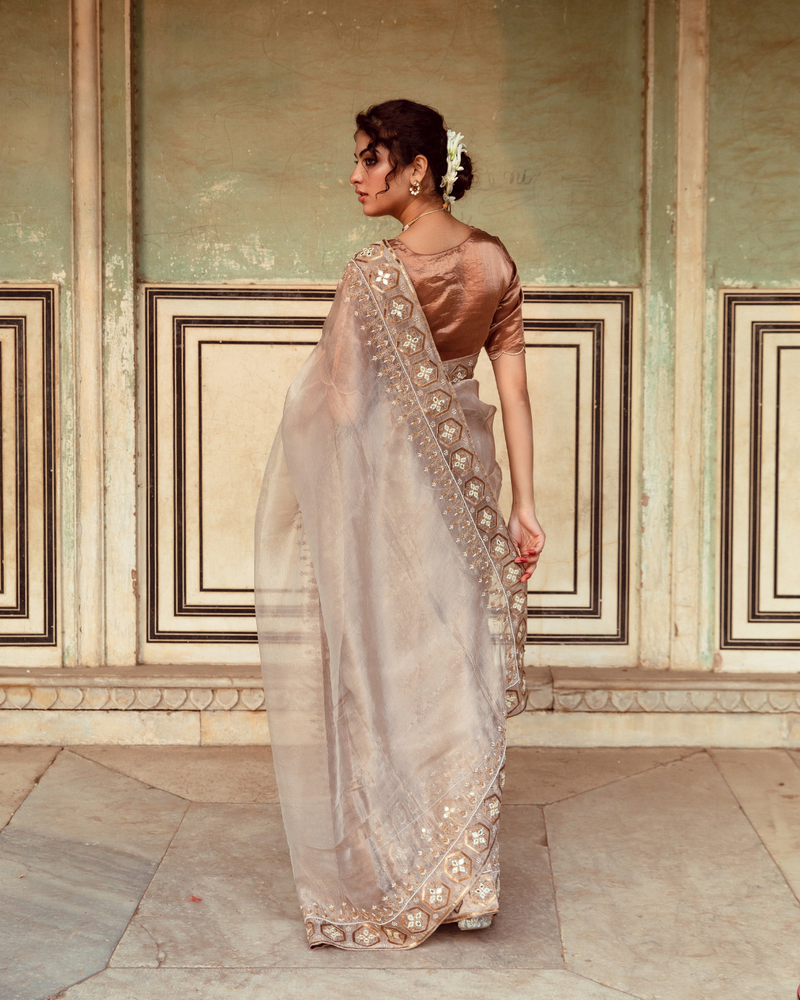 Antique Silver Embroidered Tissue Silk Sari silk by Maison Shefali in silver color for women Worldwide