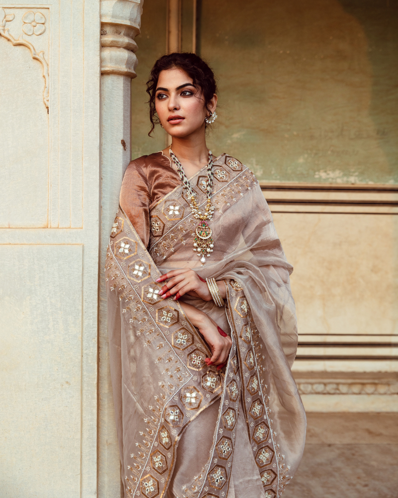 Antique Silver Embroidered Tissue Silk Sari silk by Maison Shefali in silver color for women Worldwide