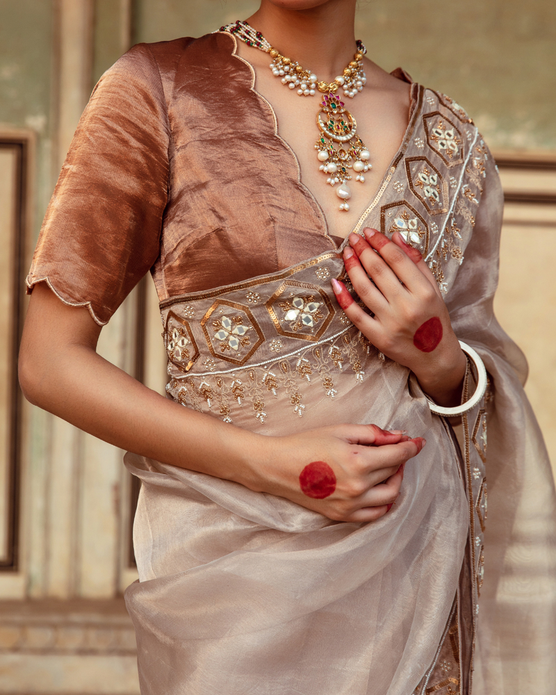 Antique Silver Embroidered Tissue Silk Sari silk by Maison Shefali in silver color for women Worldwide