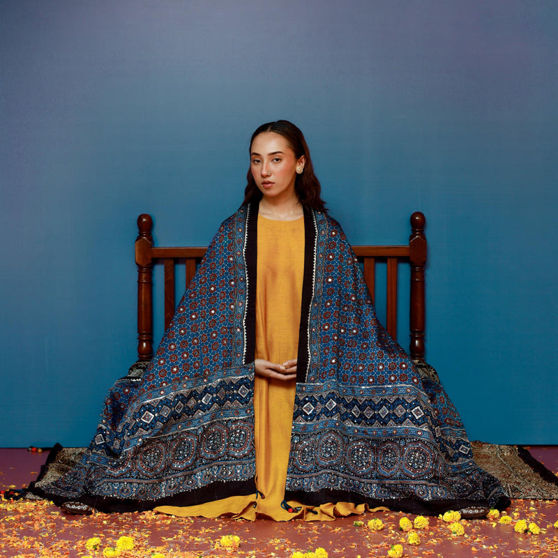 Dushala Blue Ajrakh Reversible Wrap satin by PRAHNAAYA in blue color for women Worldwide