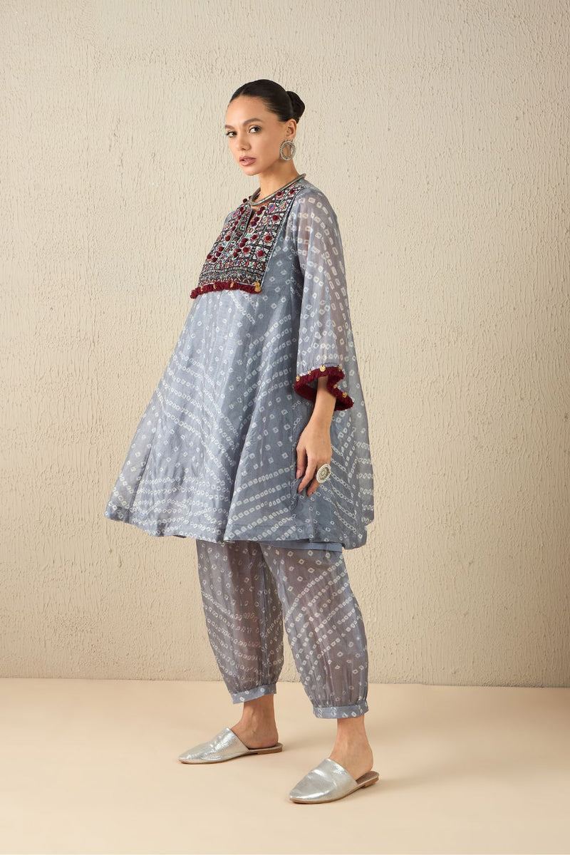 AFGHANI BANDHANI SET - Light Grey silk by Aavidi in yellow color for women Worldwide
