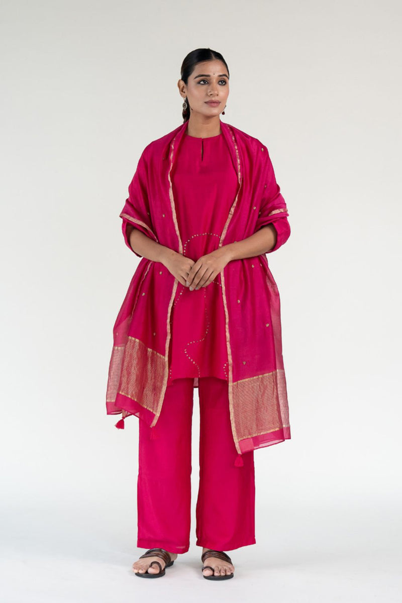 Mehr Kurta Set 
with Ayra Odhani-Rani Pink silk by Nirjara in pink color for women Worldwide