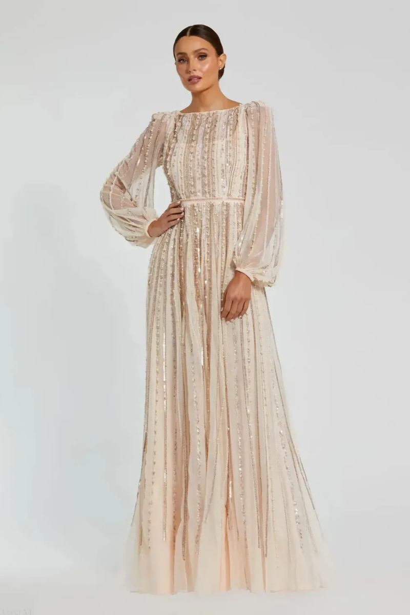 Pink Boat Neck Long Sleeve Gown With Striped Beading by Mac Duggal in peach color for women Worldwide
