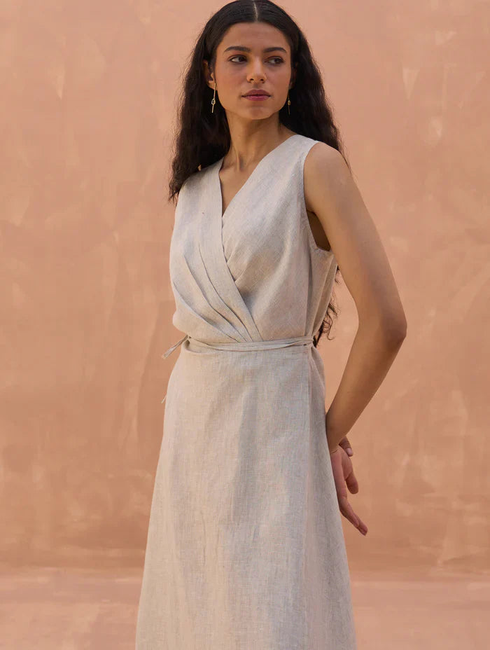 Maya Linen Wrap Dress - Off White by Manan in charcoal color for women Worldwide