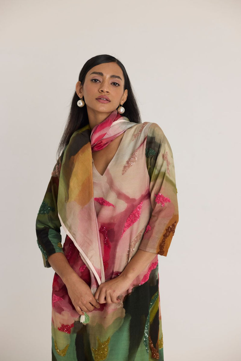 TILLY EMROIDERED LONG V NECK KURTA SET mul by Yam in multi color for women Worldwide
