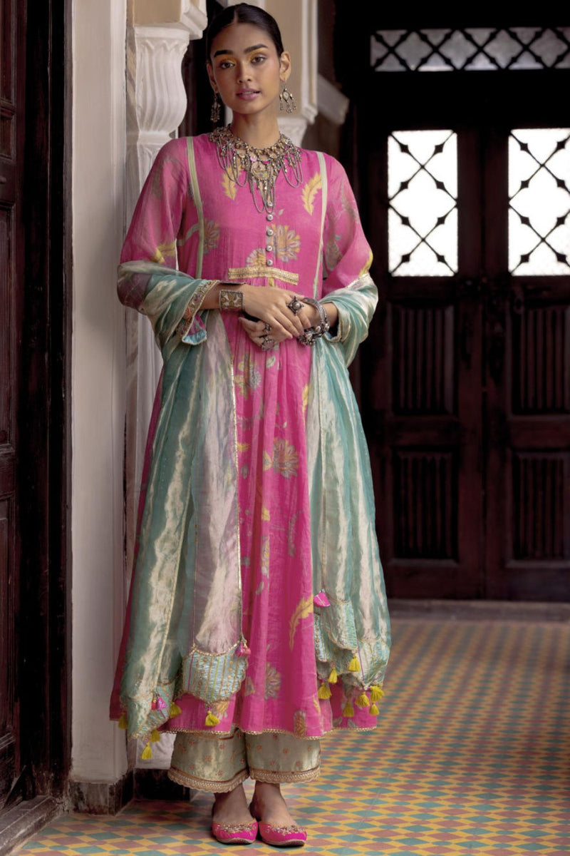 Fariba Pink Printed Back Yoke Kurta Set Kurta Sets by Rajiramniq for women Worldwide