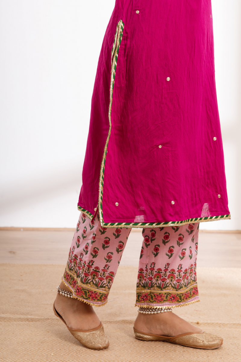 Rasika Gulabi Kurta Set - pink hand block printed chanderi kurta set chanderi by Maison Shefali in pink color for women Worldwide