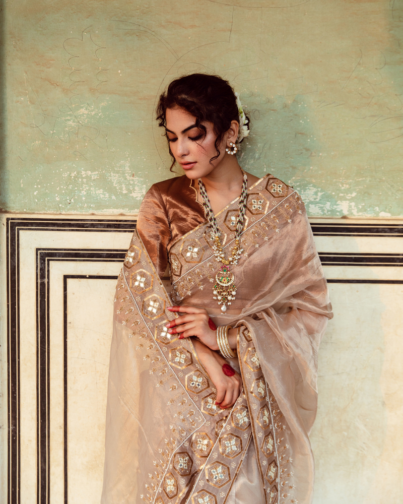 Antique Silver Embroidered Tissue Silk Sari silk by Maison Shefali in silver color for women Worldwide