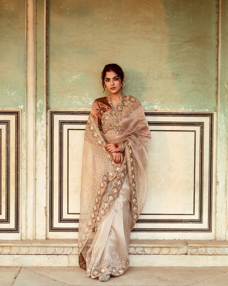 Antique Silver Embroidered Tissue Silk Sari silk by Maison Shefali in silver color for women Worldwide