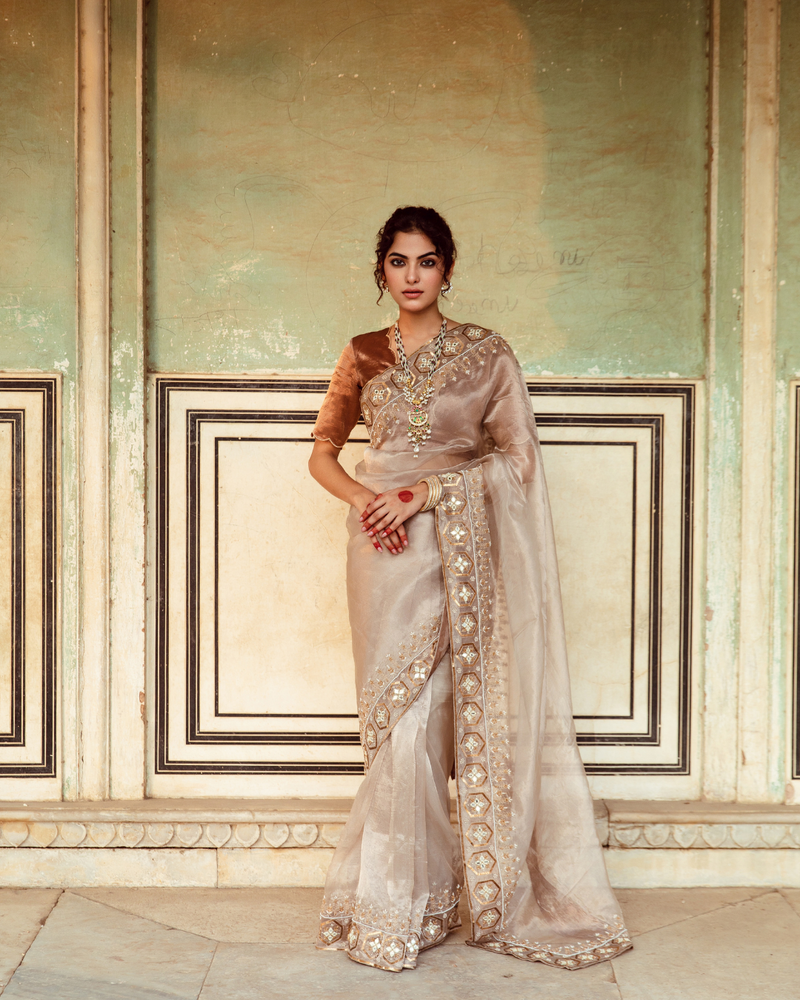 Antique Silver Embroidered Tissue Silk Sari silk by Maison Shefali in silver color for women Worldwide