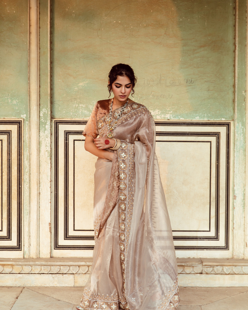 Antique Silver Embroidered Tissue Silk Sari silk by Maison Shefali in silver color for women Worldwide