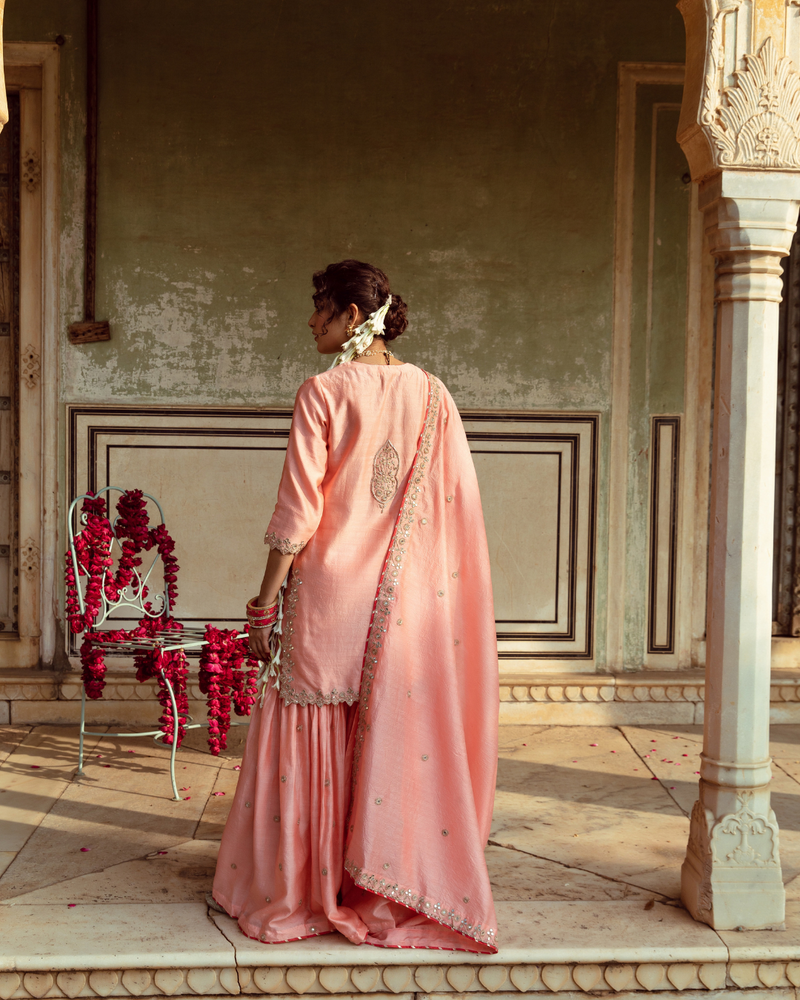 Peach Embroidered Chanderi Silk Sharara Set silk by Maison Shefali in peach color for women Worldwide
