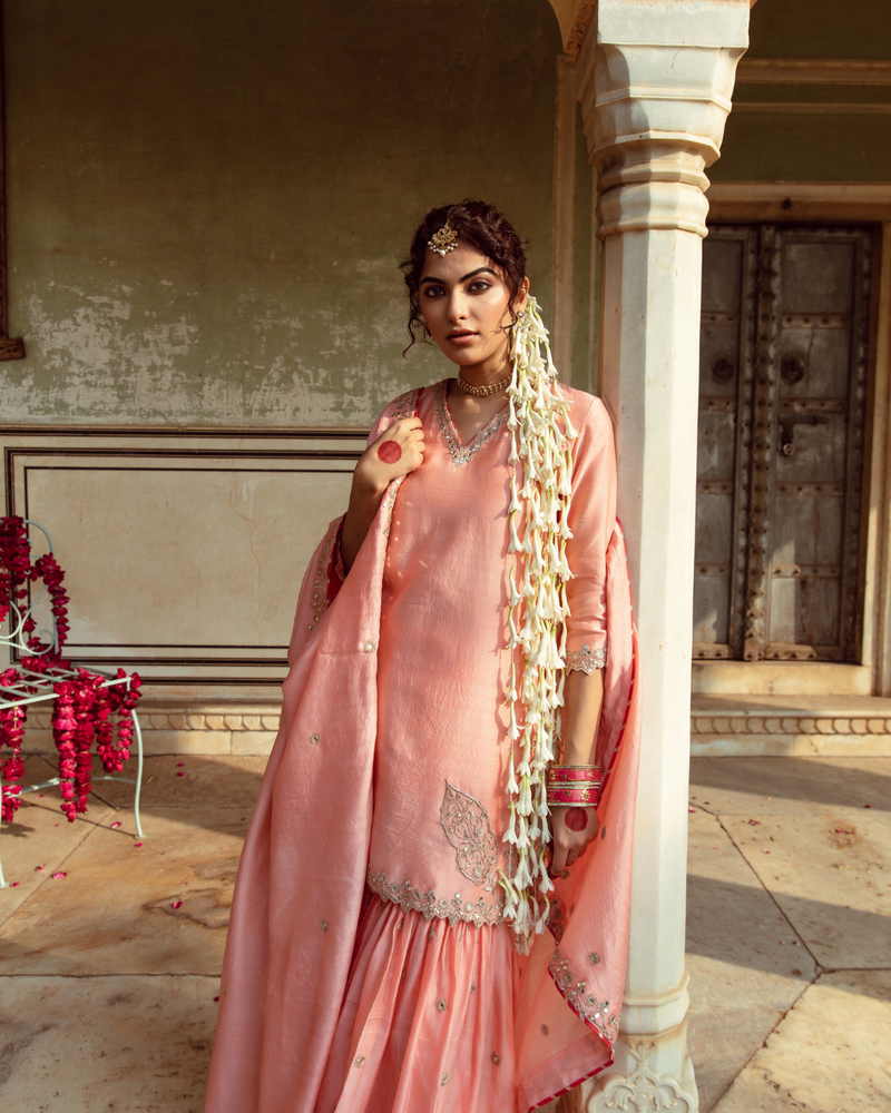 Peach Embroidered Chanderi Silk Sharara Set silk by Maison Shefali in peach color for women Worldwide