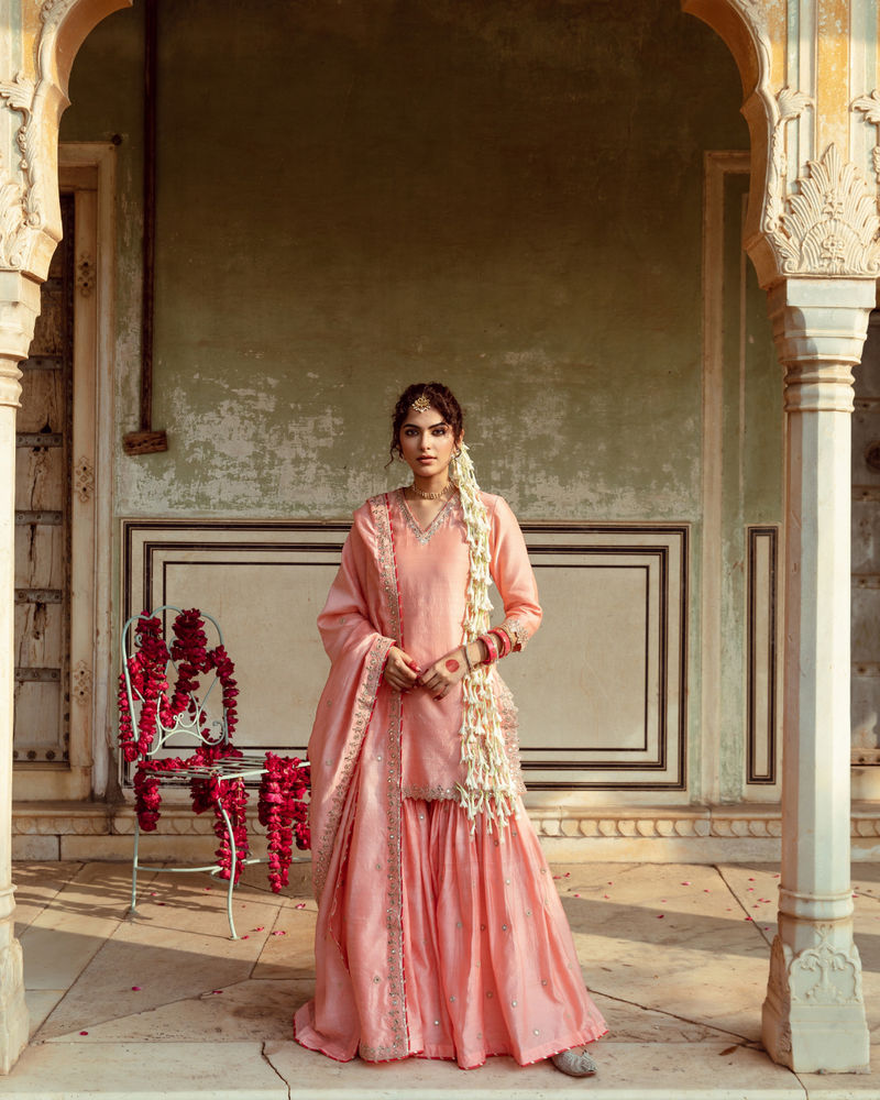Peach Embroidered Chanderi Silk Sharara Set silk by Maison Shefali in peach color for women Worldwide