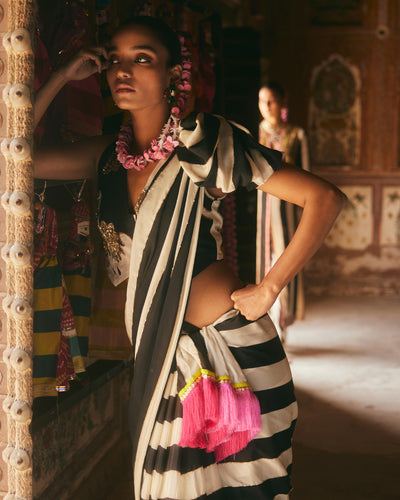 Khel Black And White Stripe Saree With Waistcoat Blouse