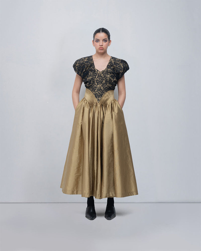 Lilith Dress viscose by Leh Studios in golden, black for women Worldwide