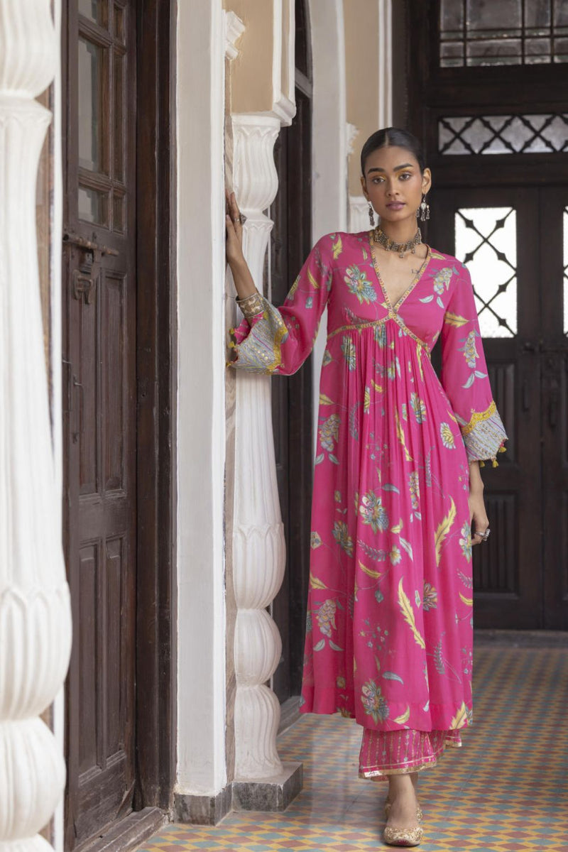 Fariba Hot Pink Bell Sleeve Printed Kurta Set Kurta Sets by Rajiramniq for women Worldwide