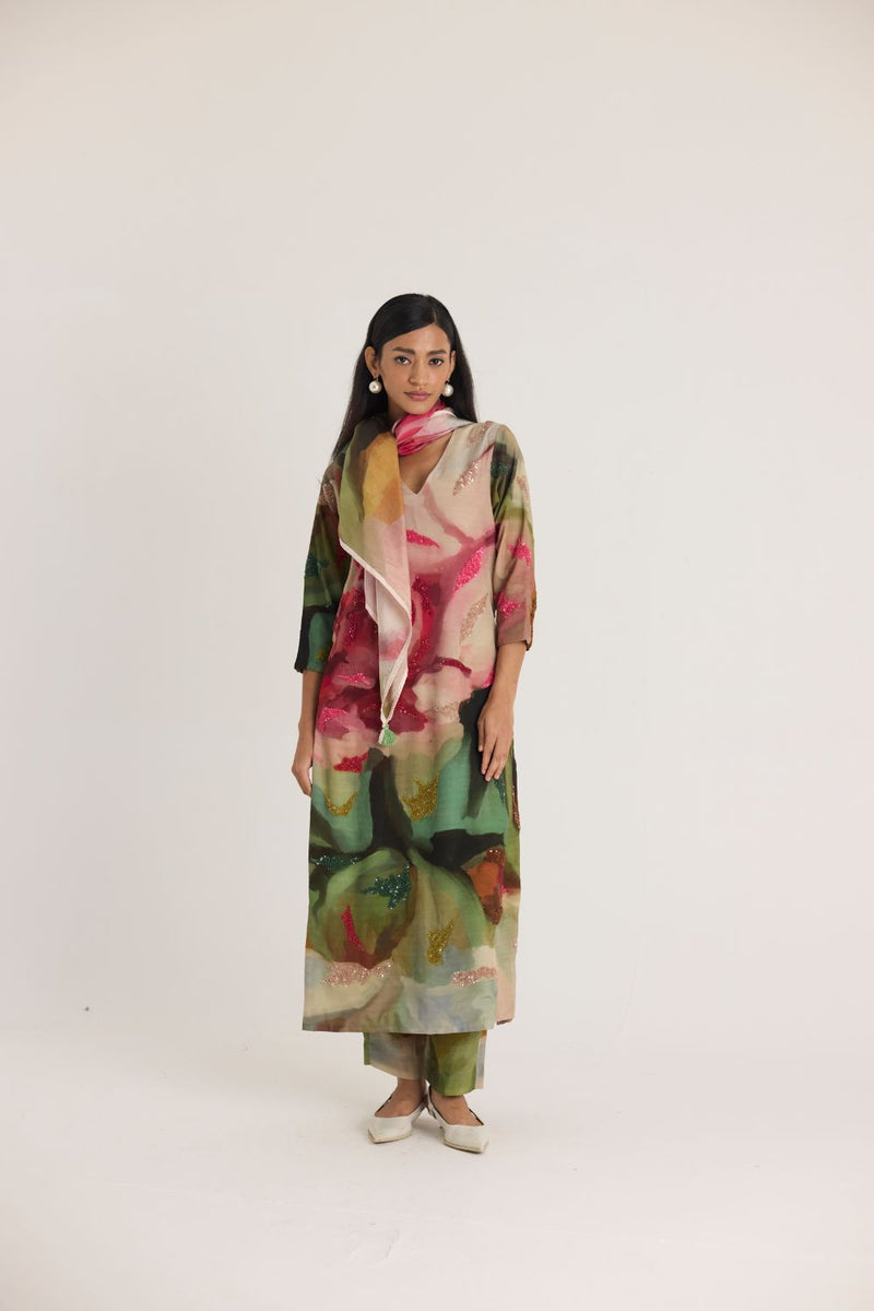 TILLY EMROIDERED LONG V NECK KURTA SET mul by Yam in multi color for women Worldwide