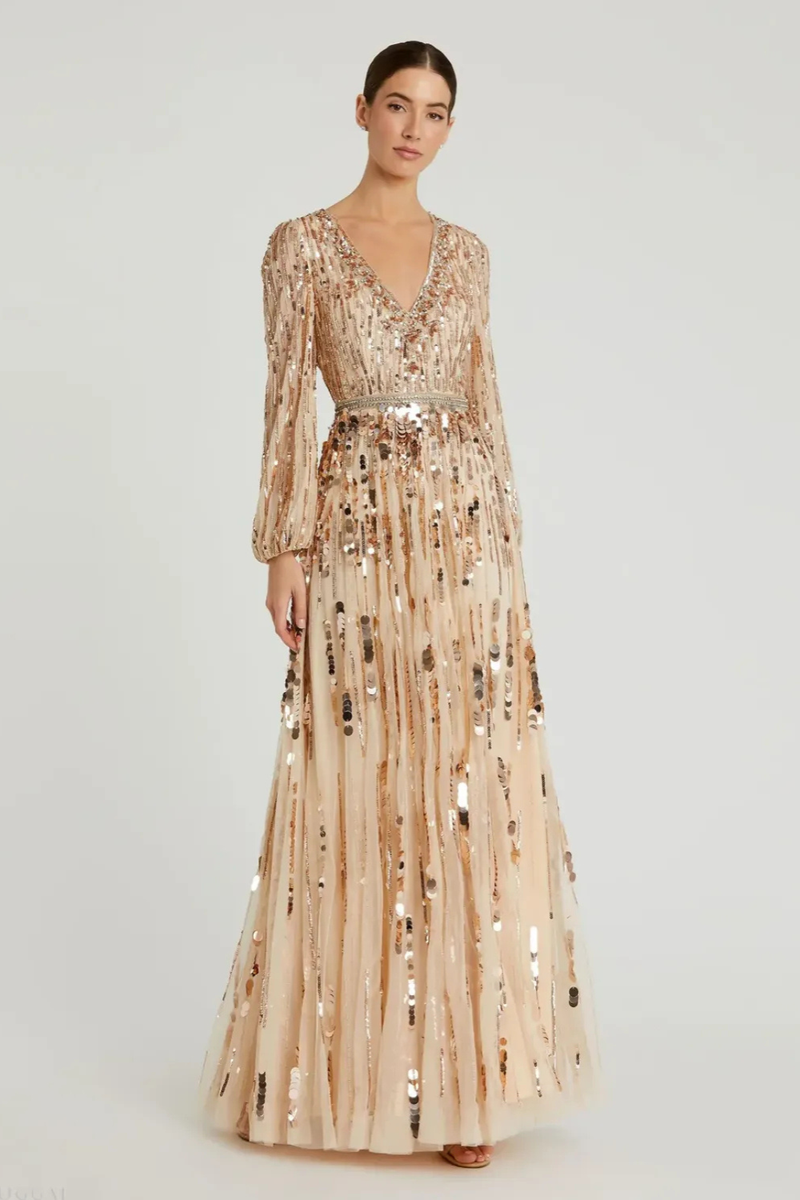 Beige Embellished Mesh Long Sleeve V Neck Gown by Mac Duggal for women Worldwide