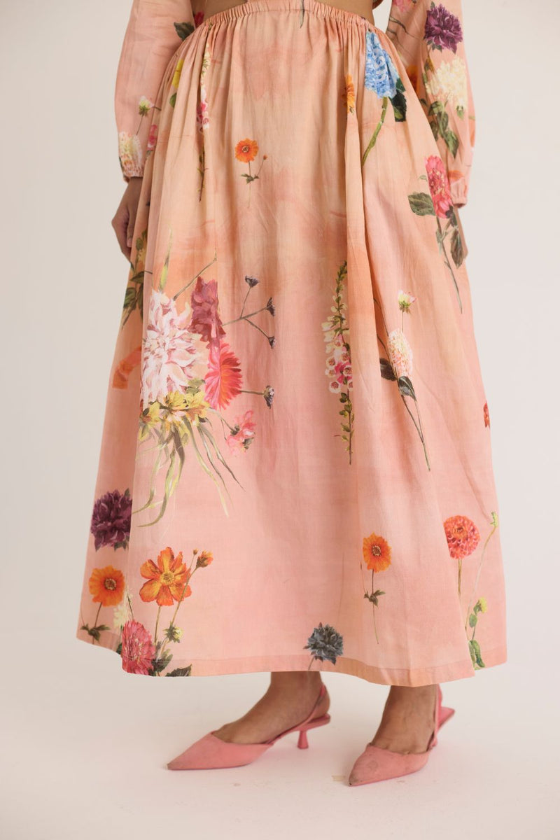 BUTTERCUP BOTH SIDE CUT DRESS satin by Yam in peach color for women Worldwide