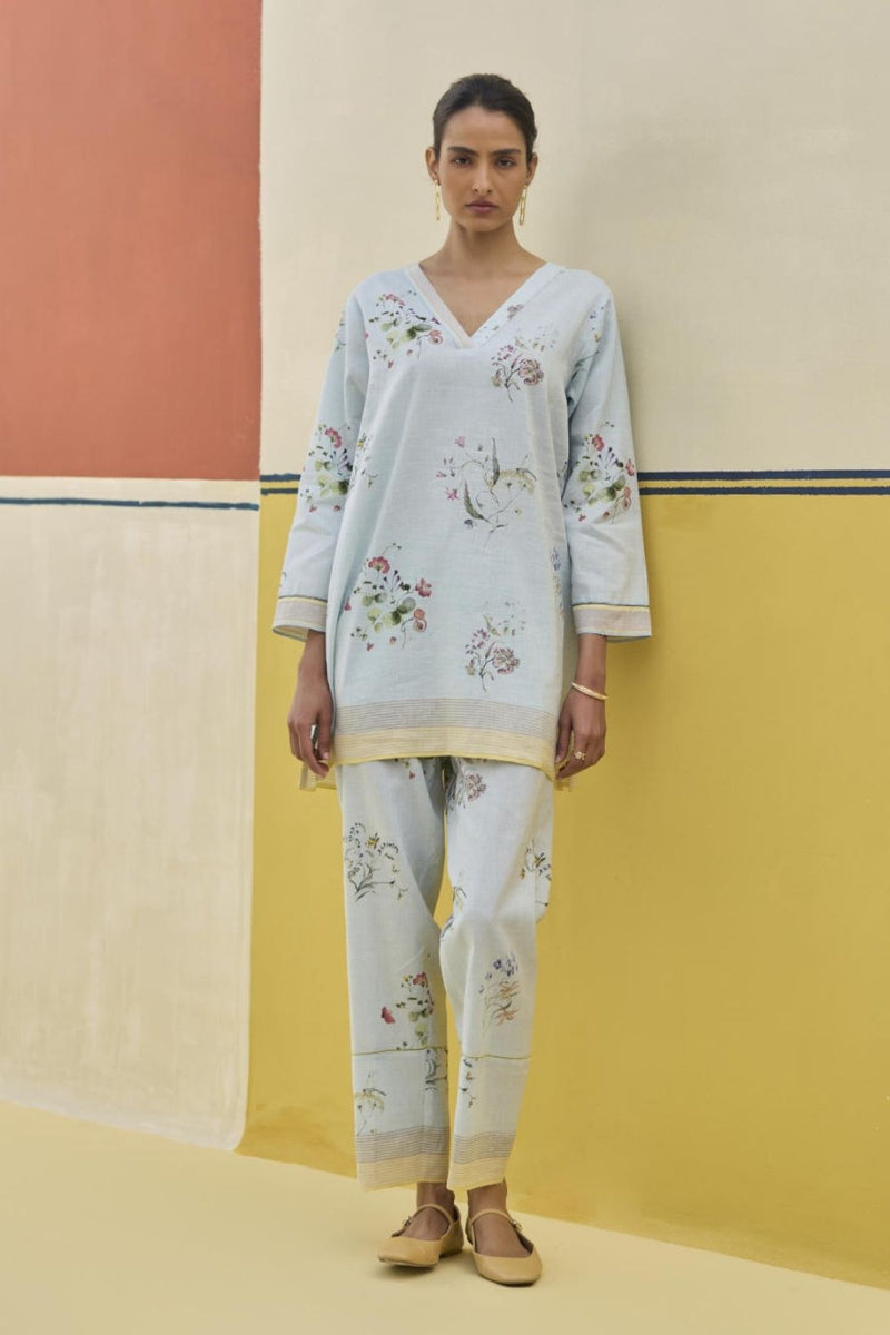 Raha Watercolour Floral Kurta - Sky by Manan in blue color for women Worldwide