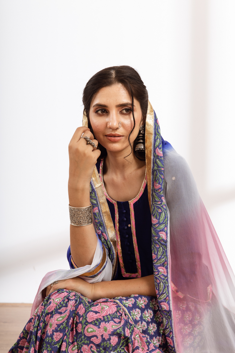 Rasika Neela Sharara Set - blue hand block printed chanderi sharara set chanderi by Maison Shefali in blue color for women Worldwide