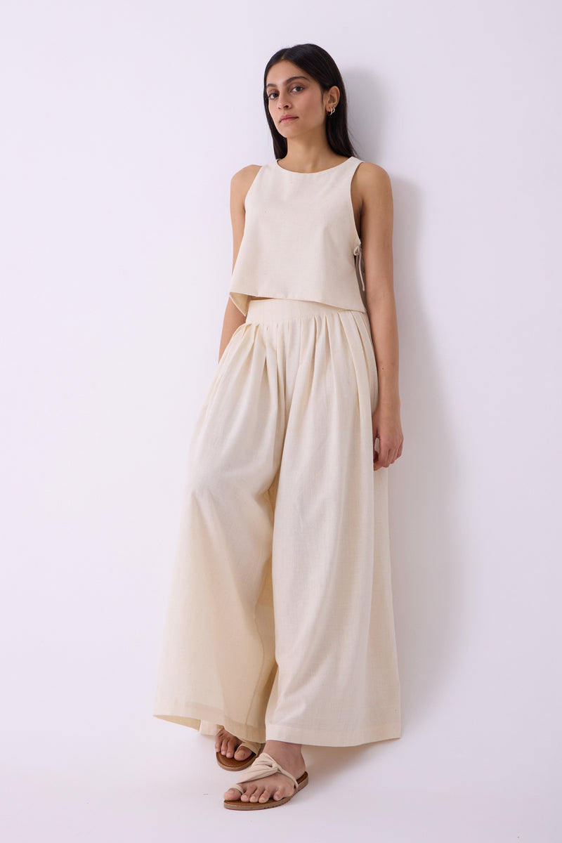 Takumi Off White Handwoven Pleated Pants handspun & handwoven cotton pant/trouser by The Summer House in off white for women Worldwide